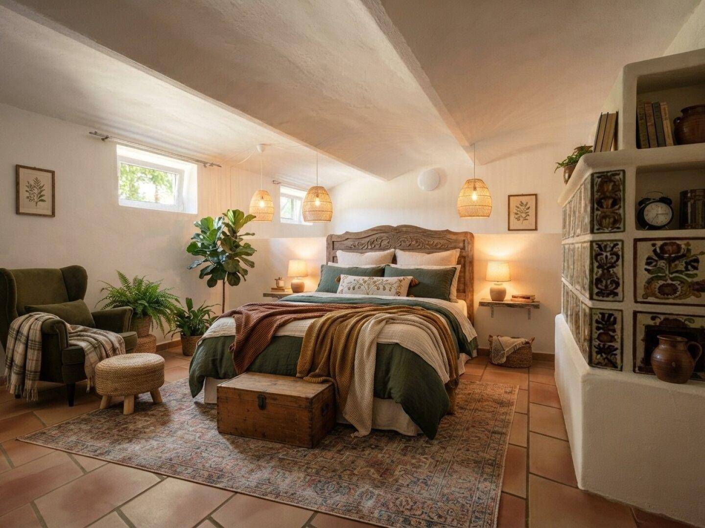 Gemütliches Schlafzimmer mit großem Bett, Teppich, Pflanzen und traditionellem Kachelofen.