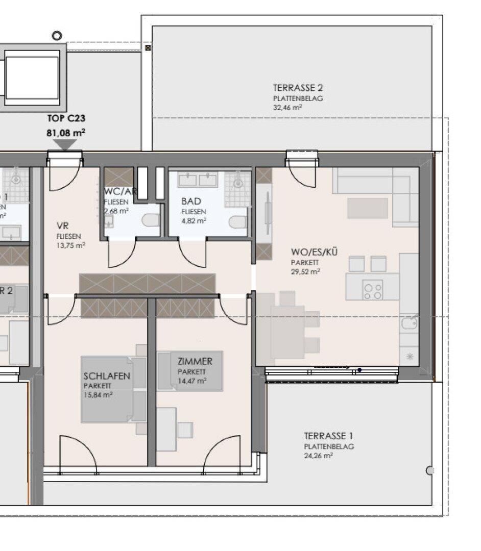 Grundriss einer modernen Wohnung mit offenem Wohn-Ess-Küchenbereich, zwei Schlafzimmern und zwei großzügigen Terrassen.