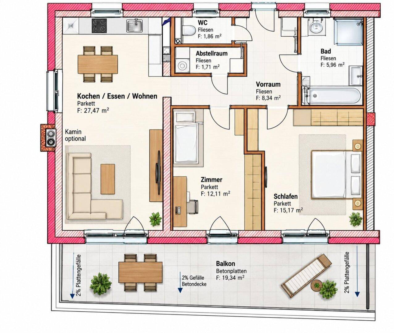 Detaillierter Grundriss einer modernen Wohnung mit offenem Wohn-Essbereich, zwei Schlafzimmern, zwei Bädern und großem Balkon.