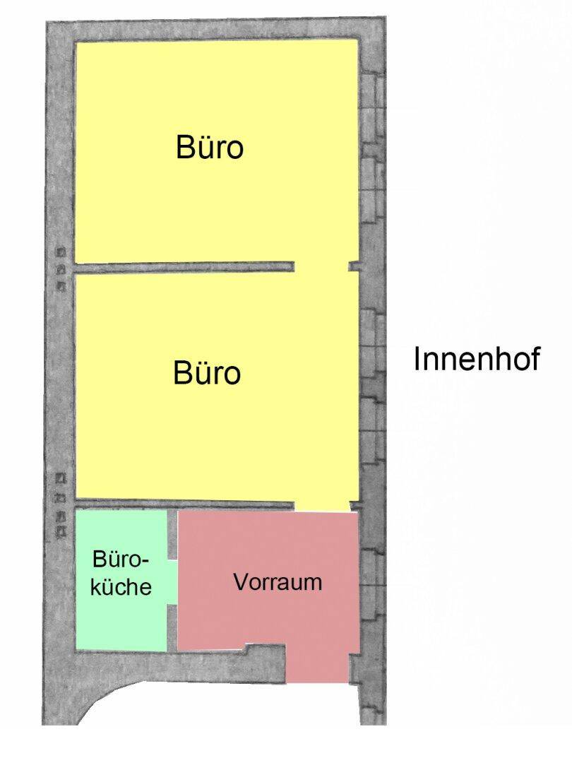 Grundrissplan mit zwei Büroräumen, einer Büroküche und einem Vorraum, mit Blick auf den Innenhof.