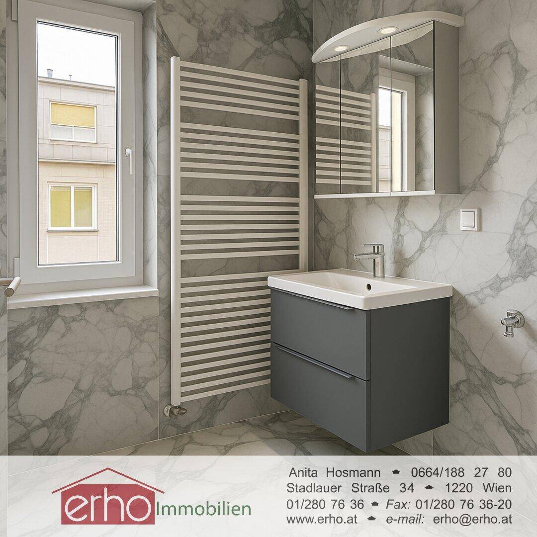 Helles Badezimmer mit Fenster, modernem Waschtisch und beheiztem Handtuchhalter.