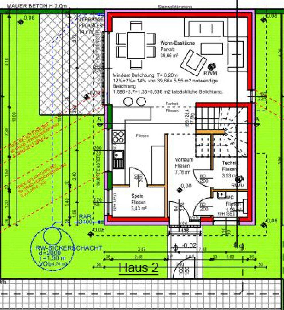 Grundriss des Erdgeschosses von Haus 2 mit offenem Wohn-Essbereich und Zugang zum Garten.