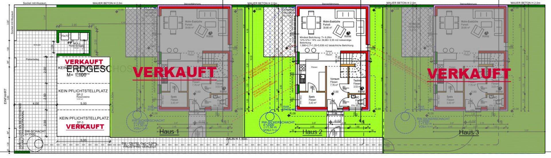 Gesamtübersichtsplan der Anlage mit mehreren Häusern, Gärten und Parkplätzen, einige bereits verkauft.