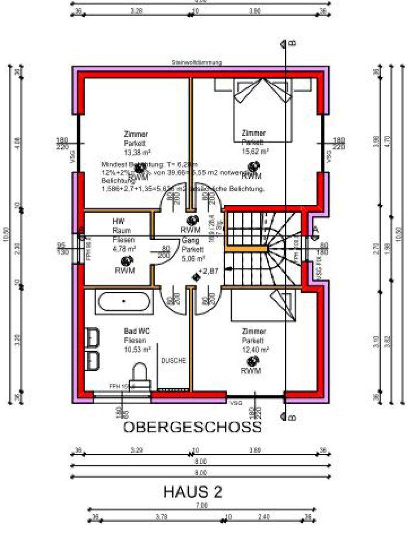 Grundriss des Obergeschosses von Haus 2 mit mehreren Zimmern und einem Badezimmer mit Dusche.
