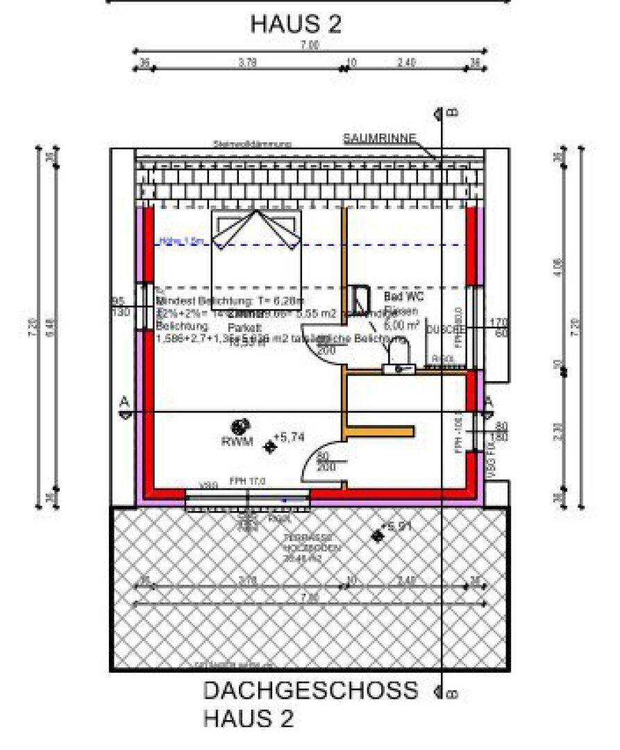 Grundriss des Dachgeschosses von Haus 2 mit einem Zimmer, Bad und Dachschrägen.