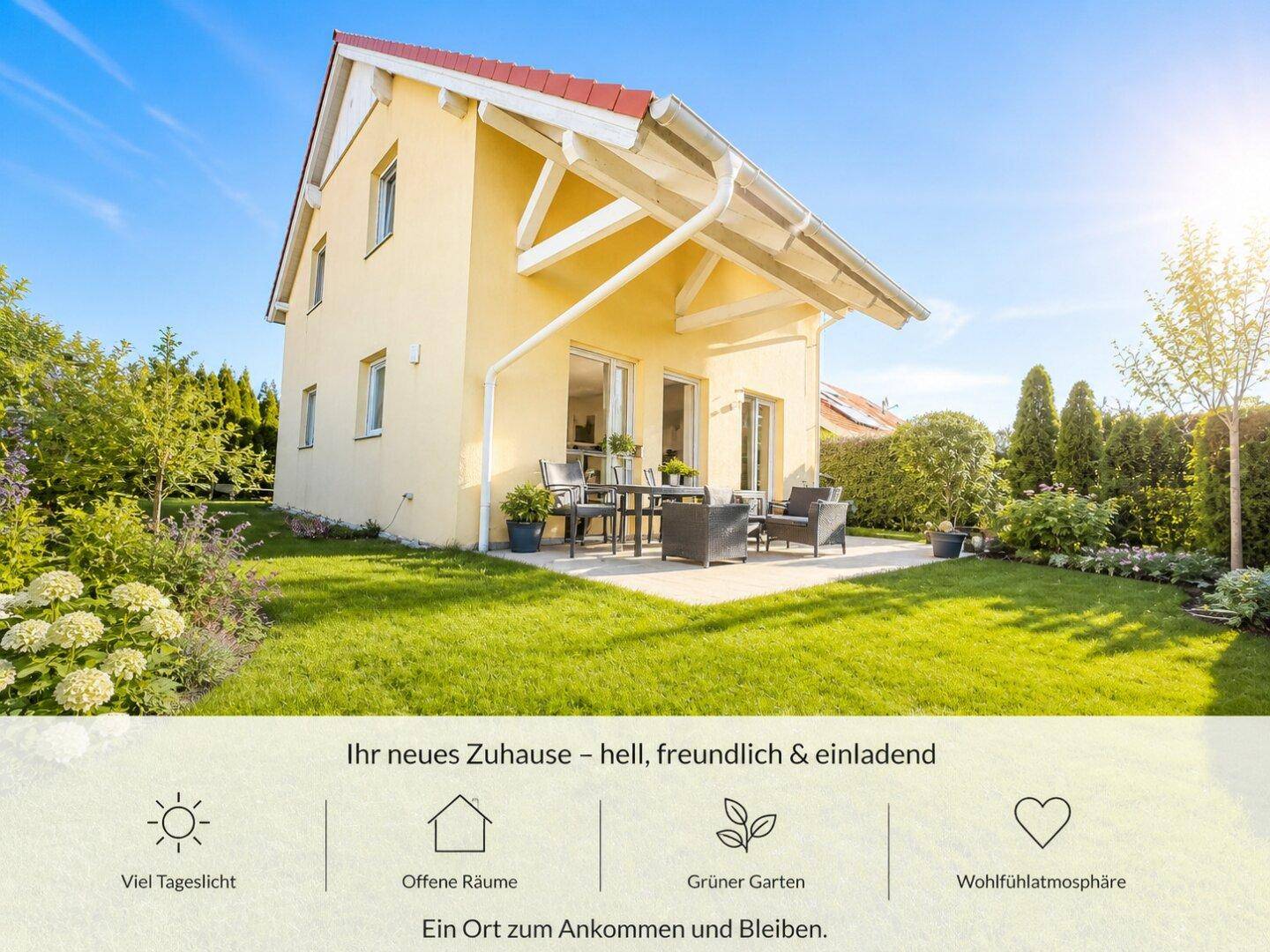 Gelbes Einfamilienhaus mit rotem Dach, sonniger Terrasse und großem, gepflegtem Garten.
