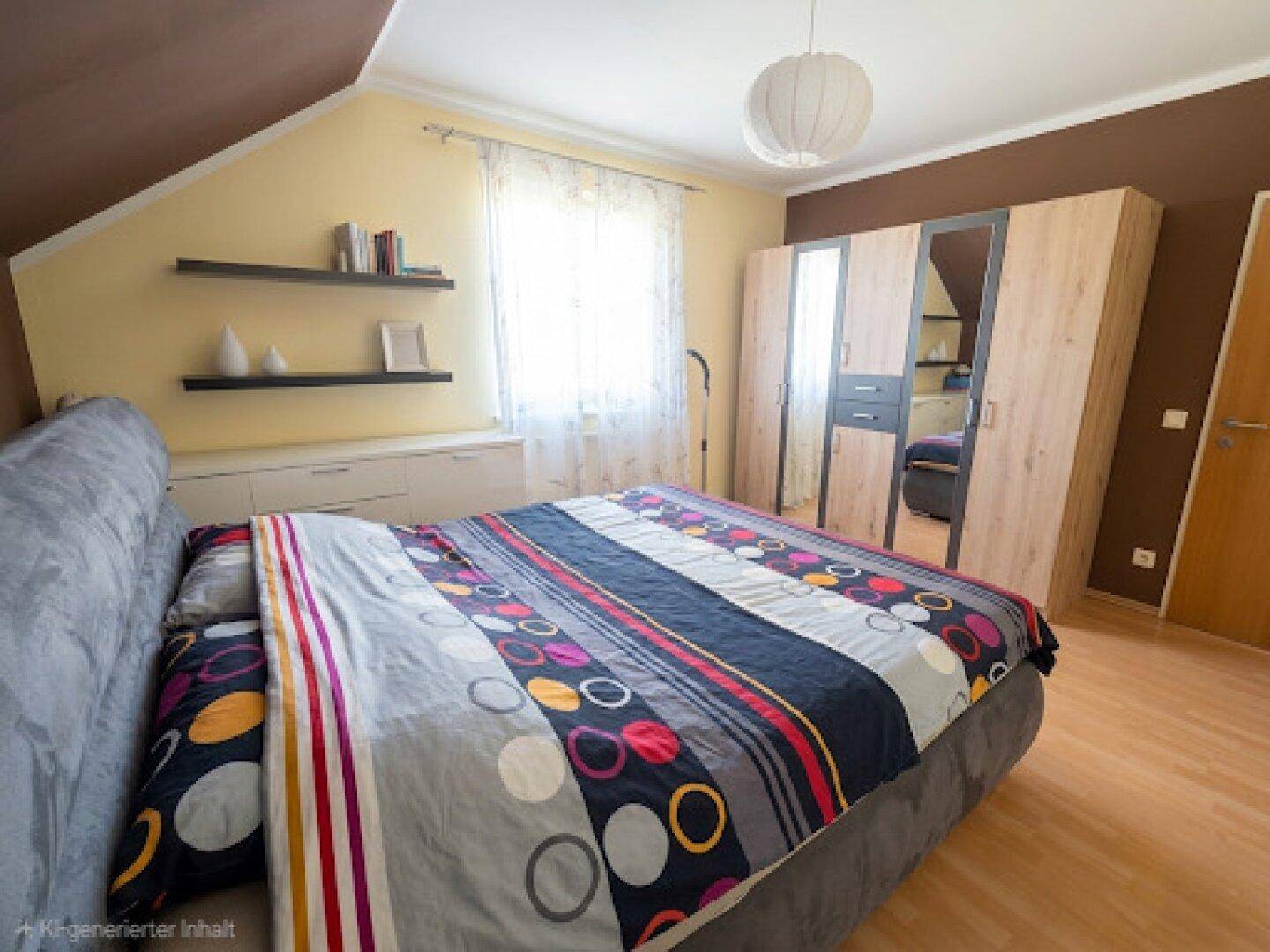 Gemütliches Schlafzimmer mit Dachschräge, Holzboden und einem großen Kleiderschrank.