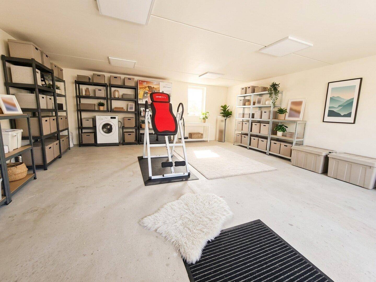 Geräumiger Kellerraum, genutzt als Fitness- und Lagerbereich mit Waschmaschine.