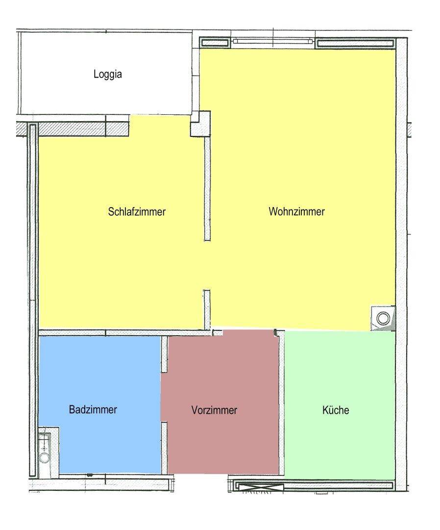 Übersichtlich gestalteter Grundriss mit Schlafzimmer, Wohnzimmer, Küche, Bad und Loggia.