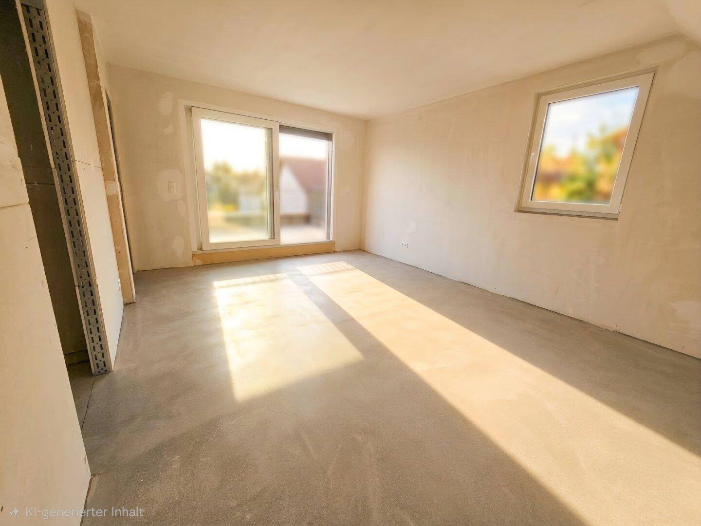 Heller, unmöblierter Raum im Rohbau mit großen Fenstern und viel natürlichem Lichteinfall.