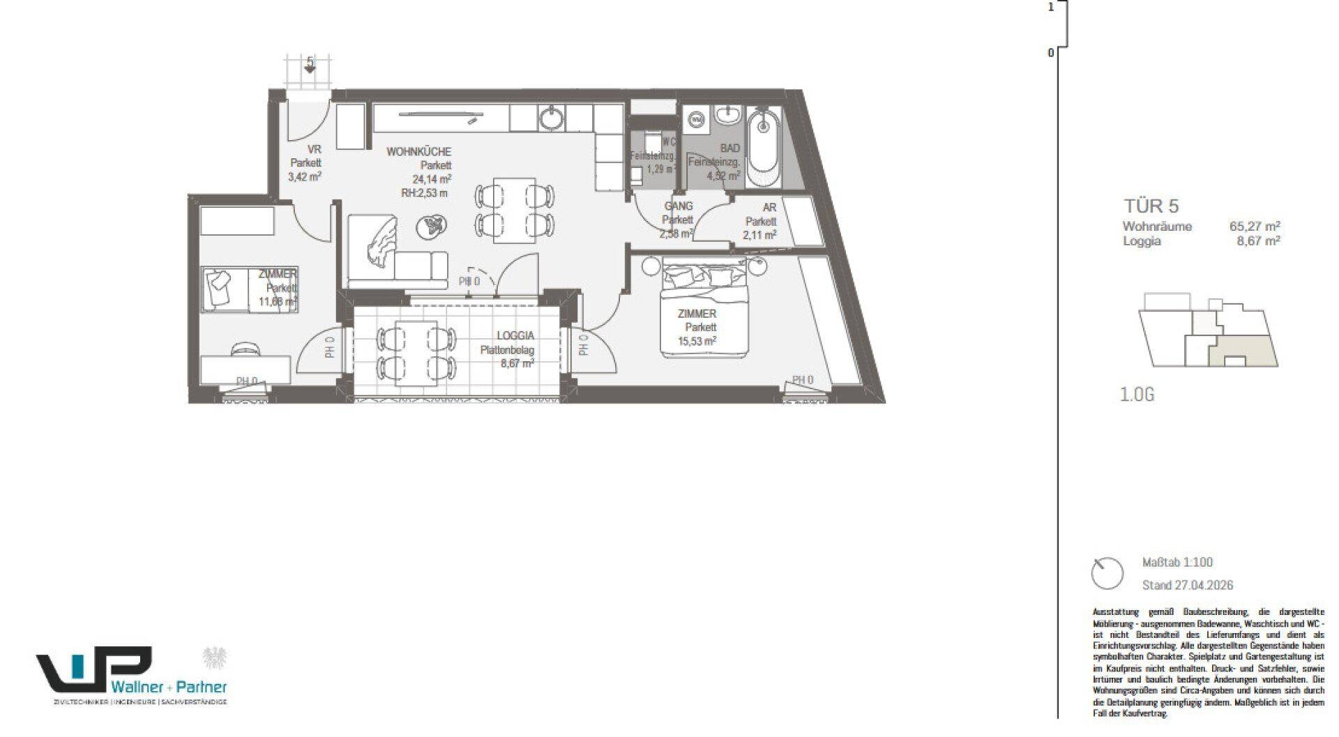 Detaillierter Grundriss einer Wohnung mit Wohnküche, Schlafzimmer, Bad und Loggia im ersten Obergeschoss.
