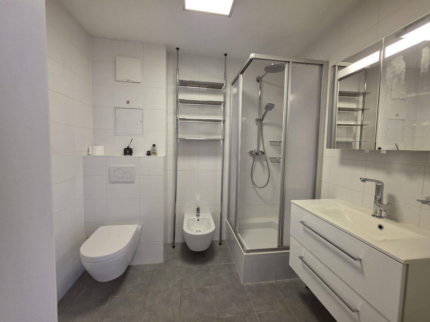 Modernes Badezimmer mit Dusche, WC, Bidet und Waschtisch mit Spiegelschrank.