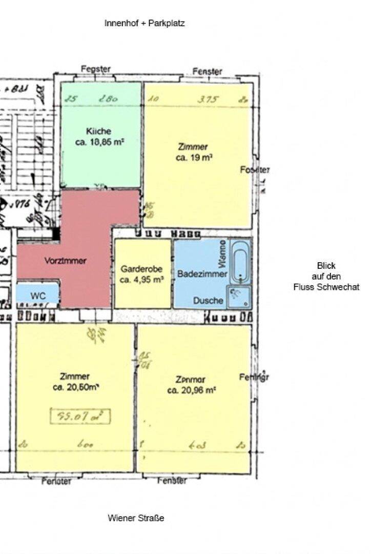 Grundrissplan einer Wohnung mit mehreren Zimmern, Küche und Bad.