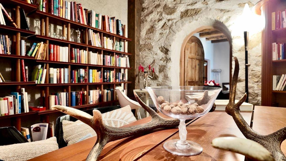 Gemütlicher Wohnbereich mit umfangreicher Bücherwand, rustikalen Steinwänden und traditioneller Hirschgeweih-Dekoration auf dem Tisch.