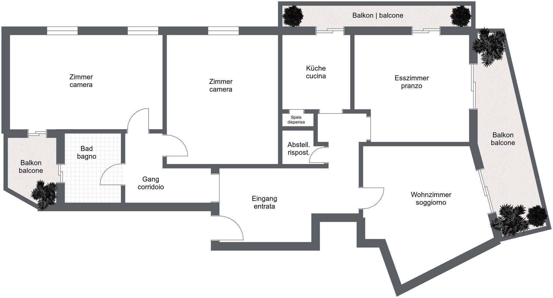 Grundrissplan mit mehreren Zimmern, zwei Balkonen und klar definierten Wohnbereichen.