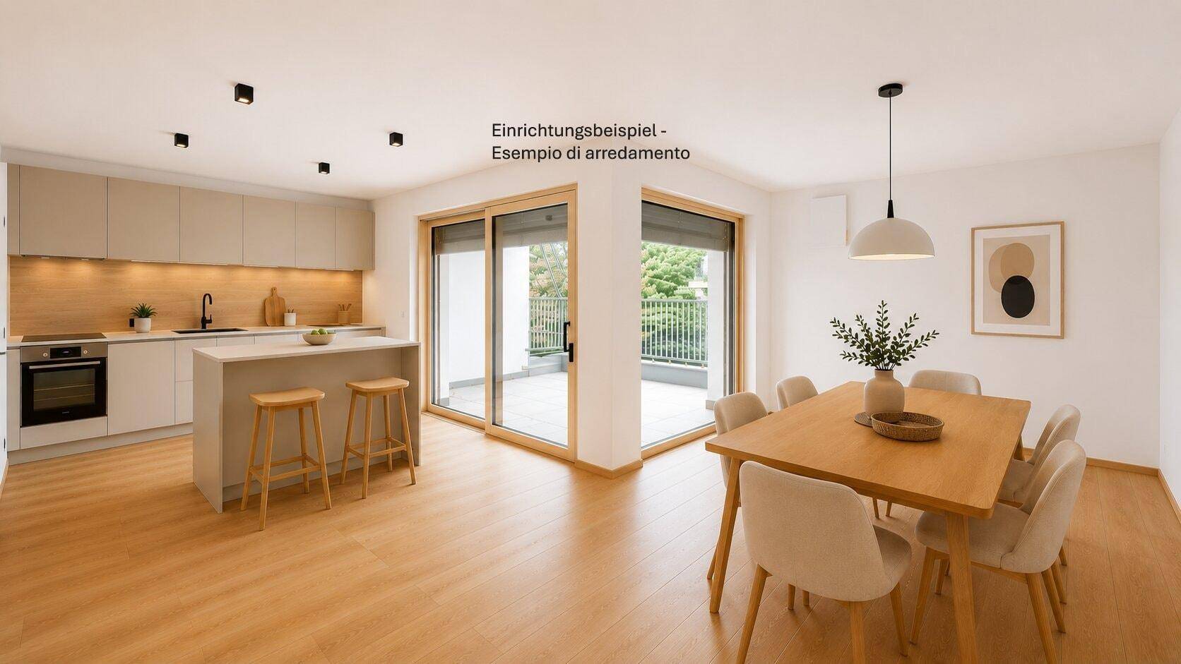 Offener Wohn- und Essbereich mit moderner Küche, Kücheninsel und Zugang zum Balkon.