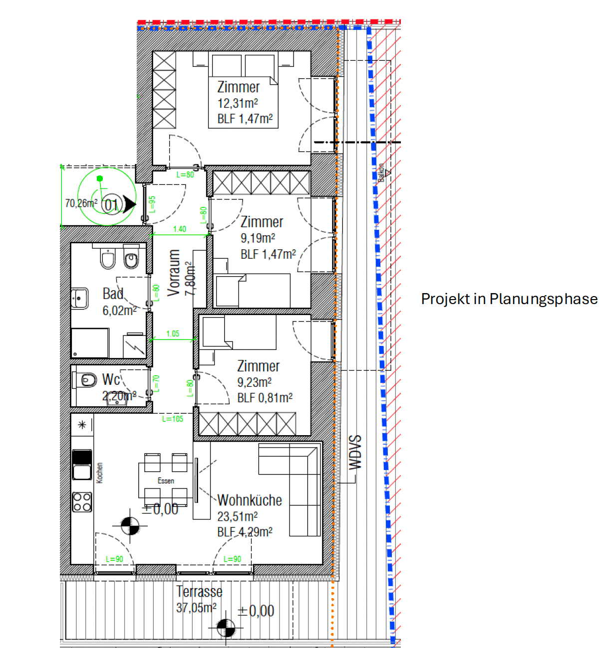 Grundriss einer Wohnung mit drei Zimmern, Bad, WC, offener Wohnküche und großer Terrasse.
