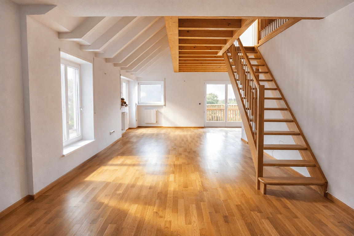 Heller, leerer Wohnbereich mit Holzboden, sichtbaren Deckenbalken und Holztreppe zum Obergeschoss.