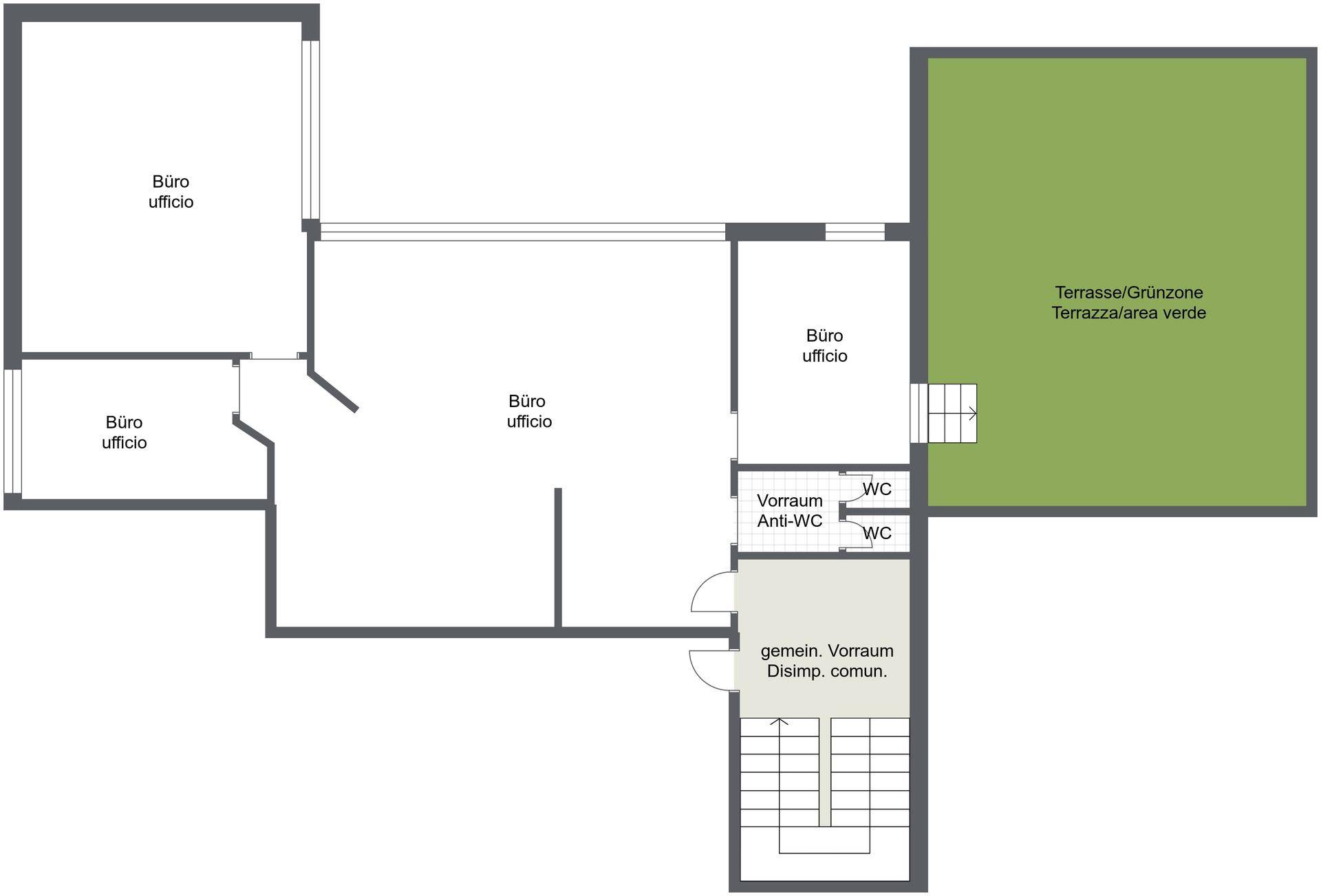 Grundrissplan zeigt mehrere Büroräume, Toiletten und eine Terrasse mit Grünzone.