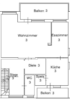 Grundriss des ersten Obergeschosses mit Wohnzimmer, Esszimmer, Küche, WC und zwei Balkonen.