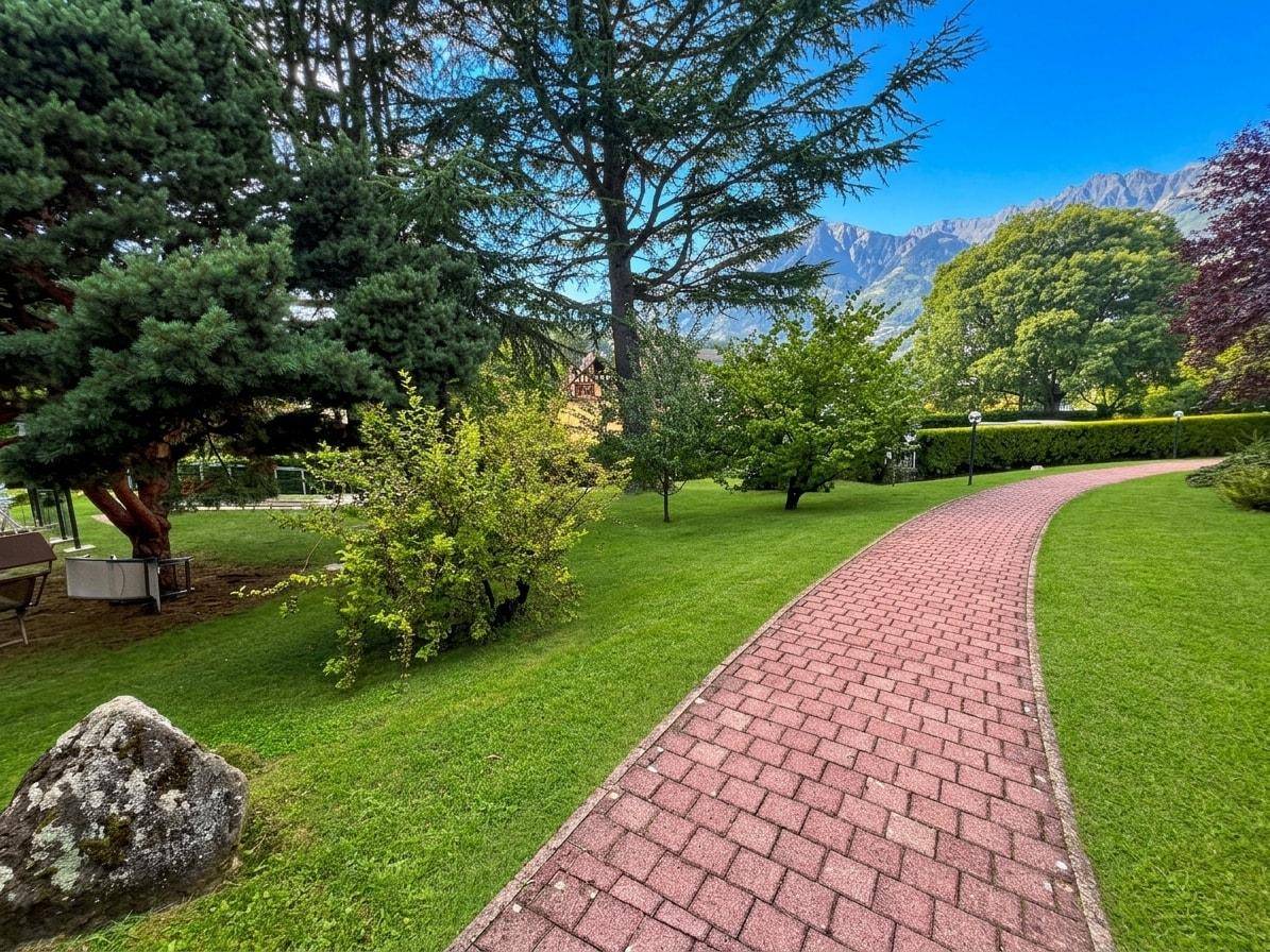 Idyllischer Gartenweg umgeben von üppigem Grün und hohen Bäumen.