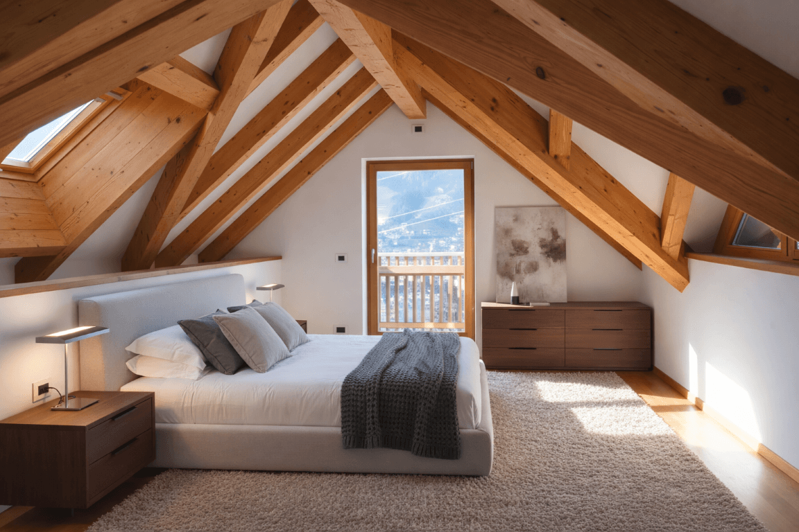 Helles Schlafzimmer mit Dachschräge, Holzbalken, modernem Bett und Balkonzugang.