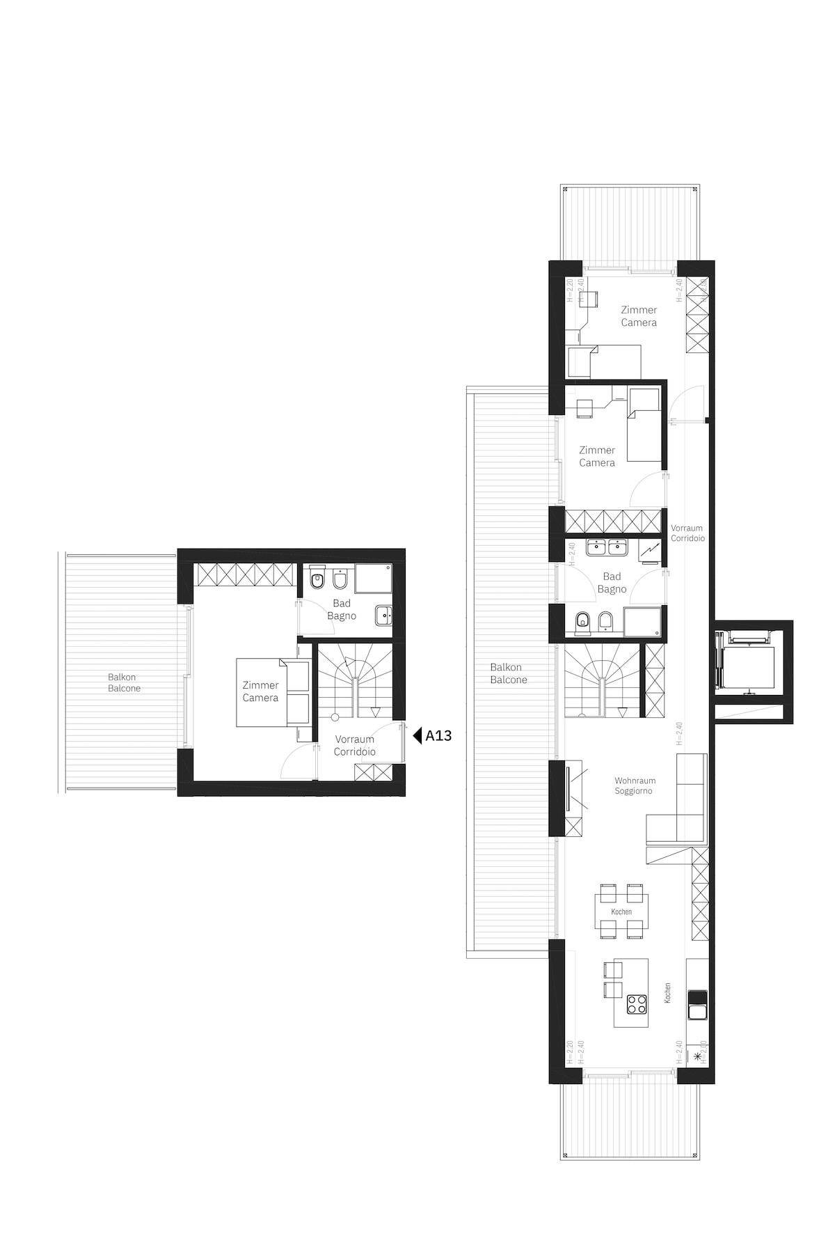 Grundrissplan einer Wohnung mit mehreren Zimmern, Bädern, offenem Wohnbereich und Balkonzugang.
