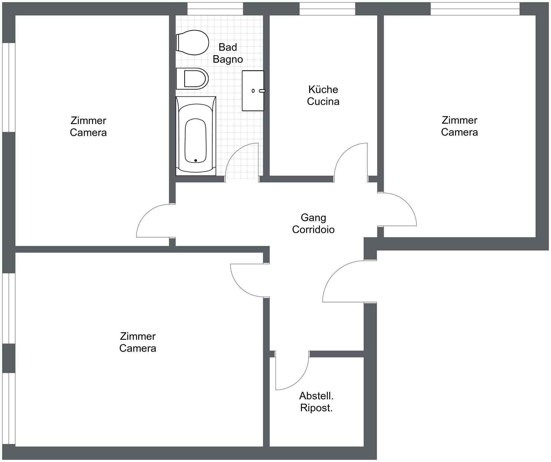 Grundriss zeigt eine Wohnung mit drei Zimmern, Bad, Küche, Gang und Abstellraum.