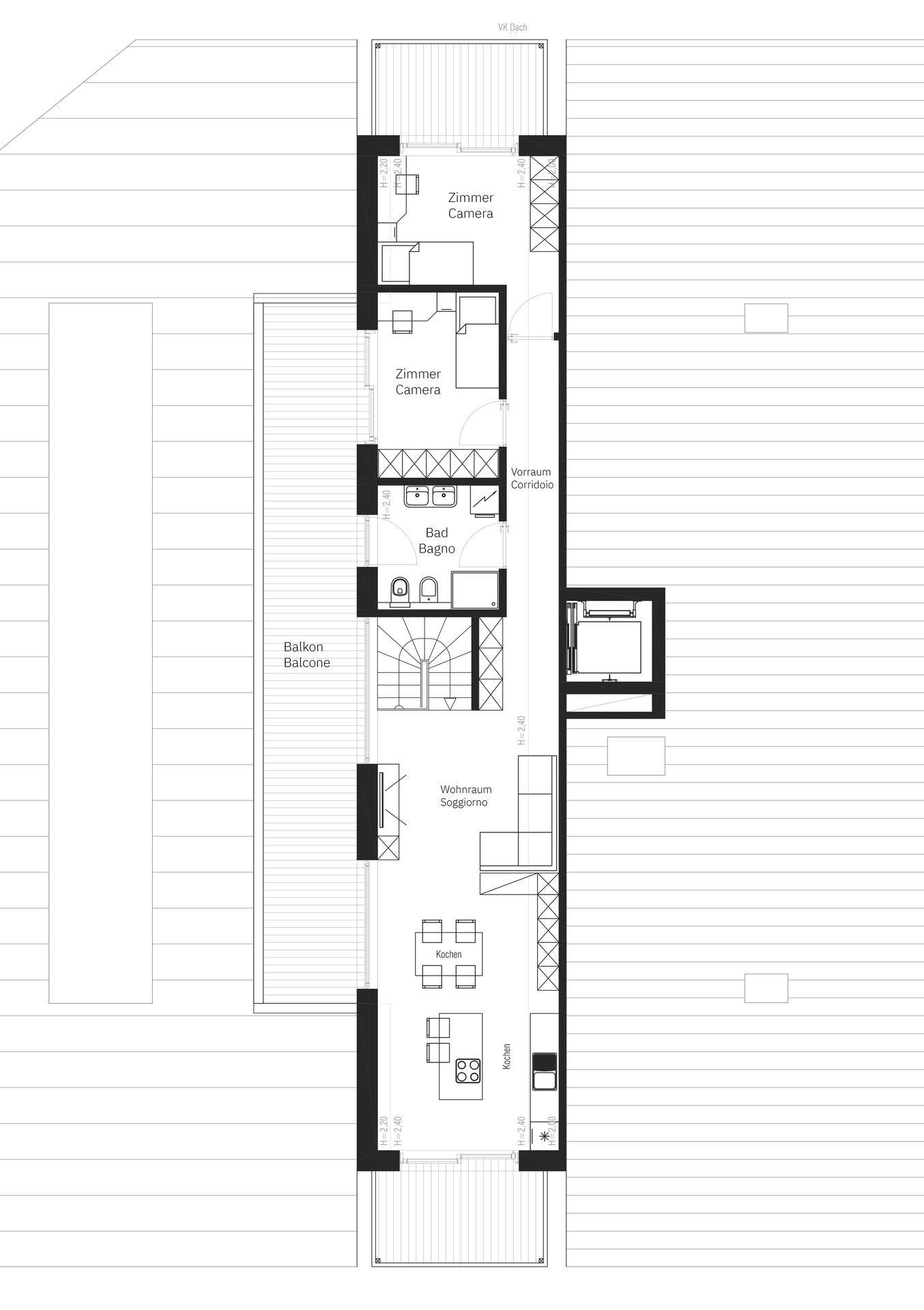 Grundrissplan einer länglichen Wohnung mit Küche, Wohnbereich, Schlafzimmern und Balkon.