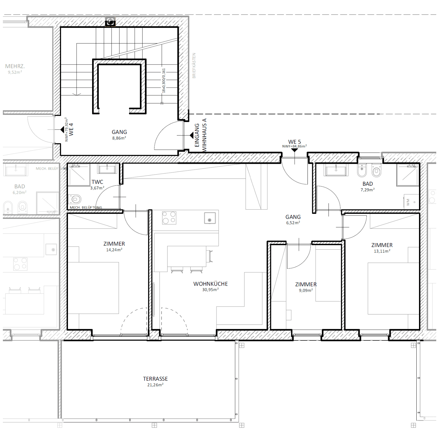 Grundriss einer Wohnung mit drei Zimmern, Wohnküche, Bad und großer Terrasse.