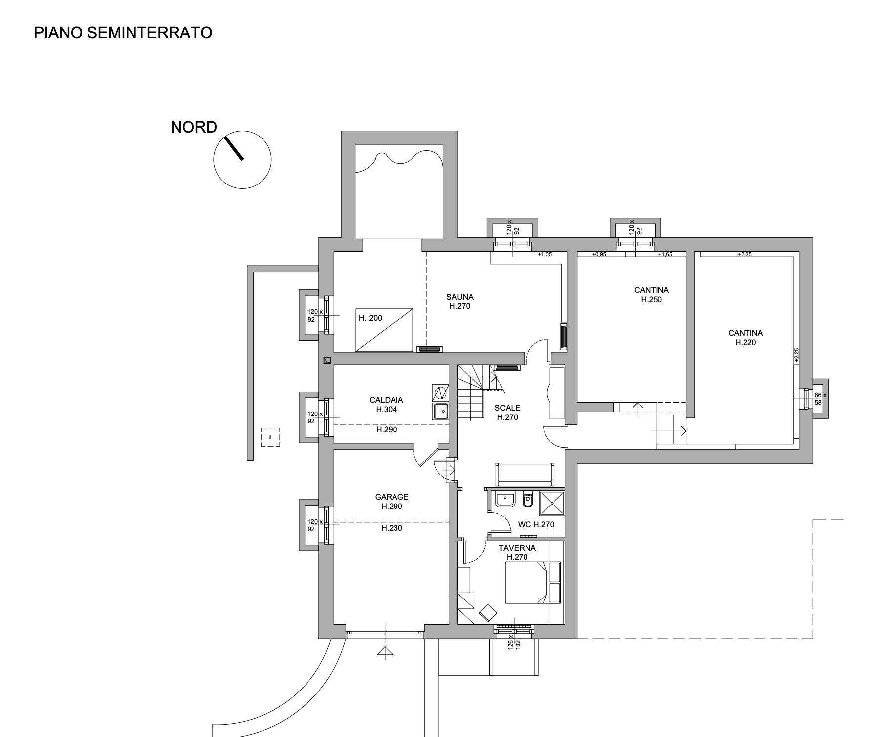 Grundriss des Untergeschosses mit Garage, Sauna, Keller und Taverne.