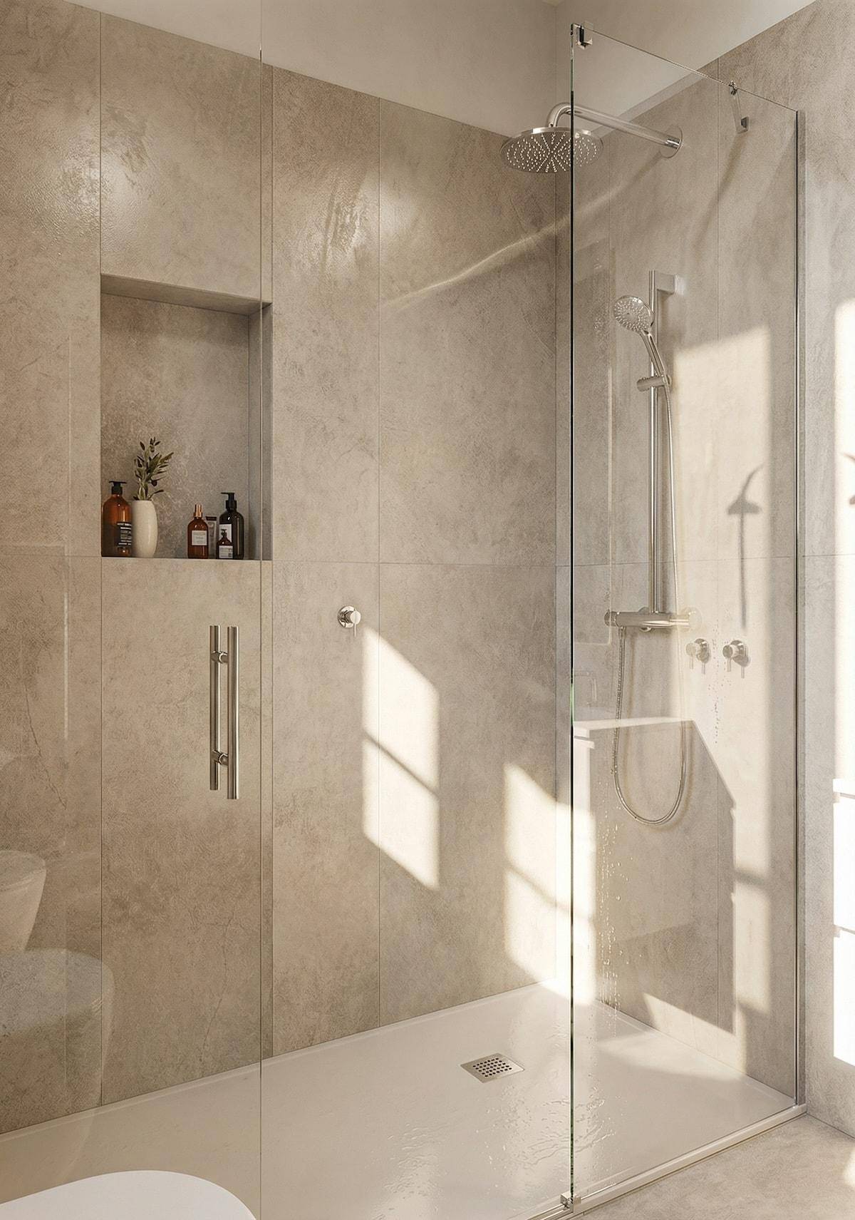 Moderne begehbare Dusche mit Glasabtrennung und Regenduschkopf in einem hellen Badezimmer.