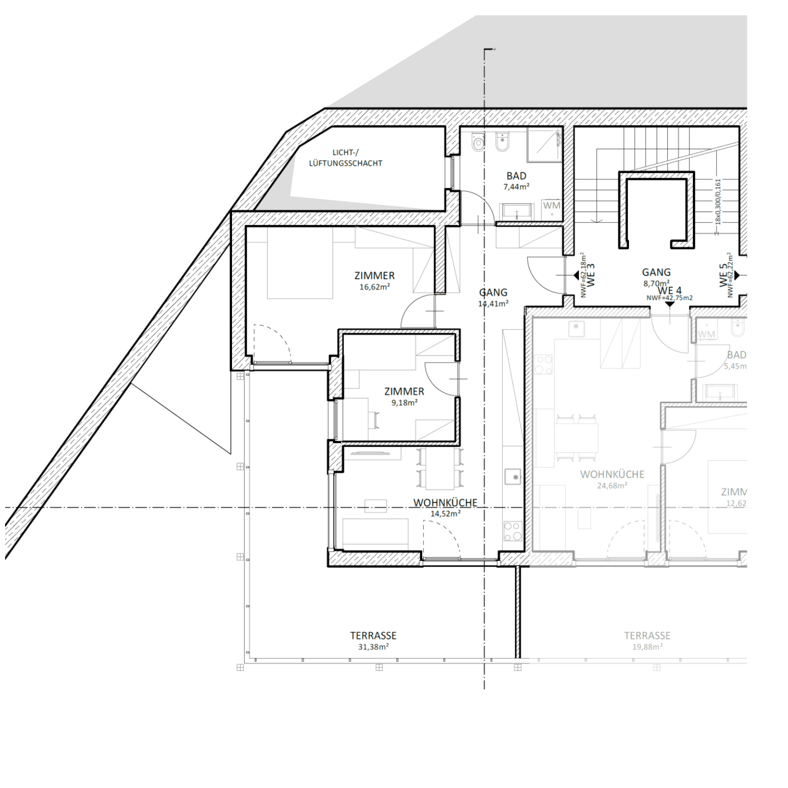 Grundriss einer Wohnung mit zwei Zimmern, Wohnküche, Bad und großer Terrasse.