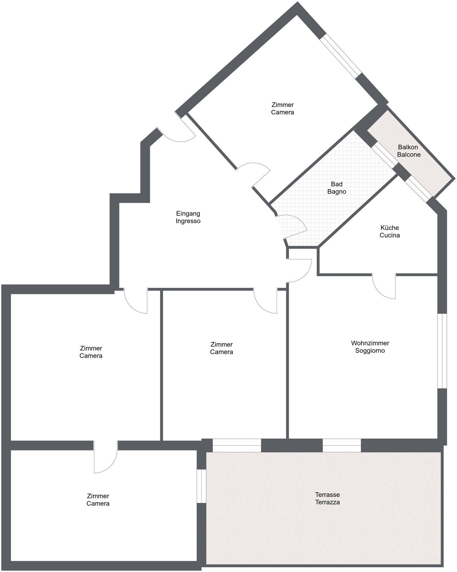 Grundriss einer Wohnung mit Eingang, mehreren Zimmern, Bad, Küche, Wohnzimmer, Balkon und Terrasse.