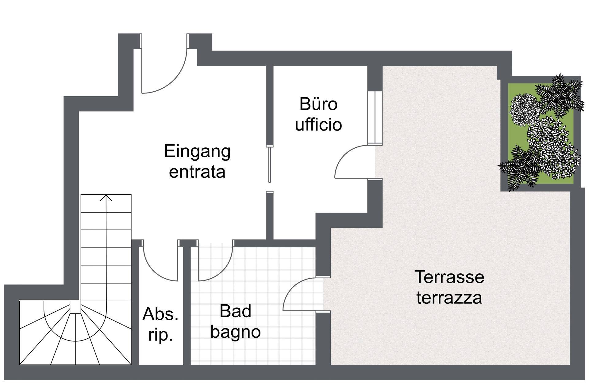 Grundriss des Eingangsbereichs mit Büro, Bad und Zugang zur Terrasse.