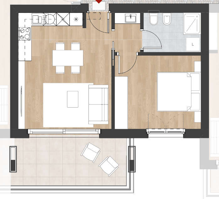 Grundriss einer Wohnung mit offenem Wohnbereich, Schlafzimmer, Bad und Balkon.