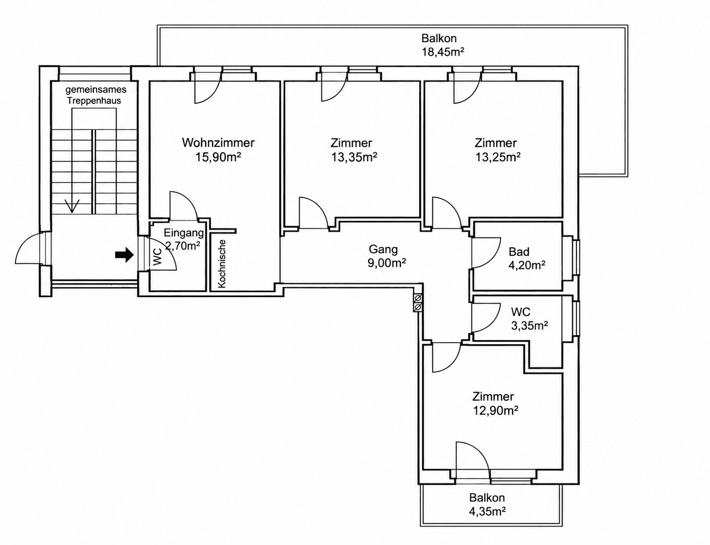 Grundriss einer Wohnung mit Wohnzimmer, drei weiteren Zimmern, zwei Bädern, Kochnische und zwei Balkonen.