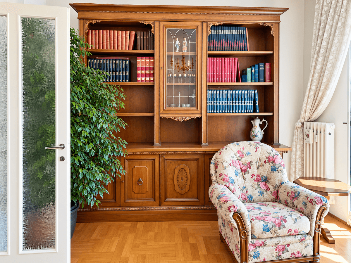 Detailansicht eines eleganten Holzregals mit Büchern und einem bequemen Sessel in floralem Design.