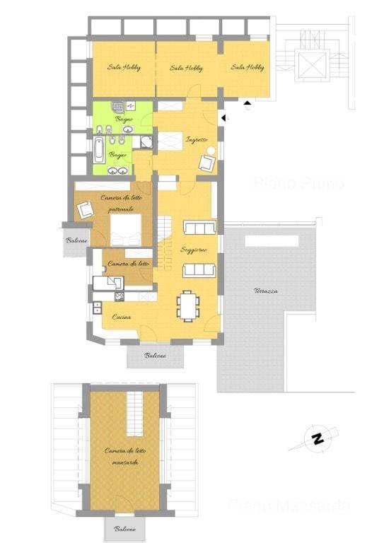 Grundrissplan zeigt die Aufteilung der Räume mit Schlafzimmern, Hobbyräumen und Terrasse.