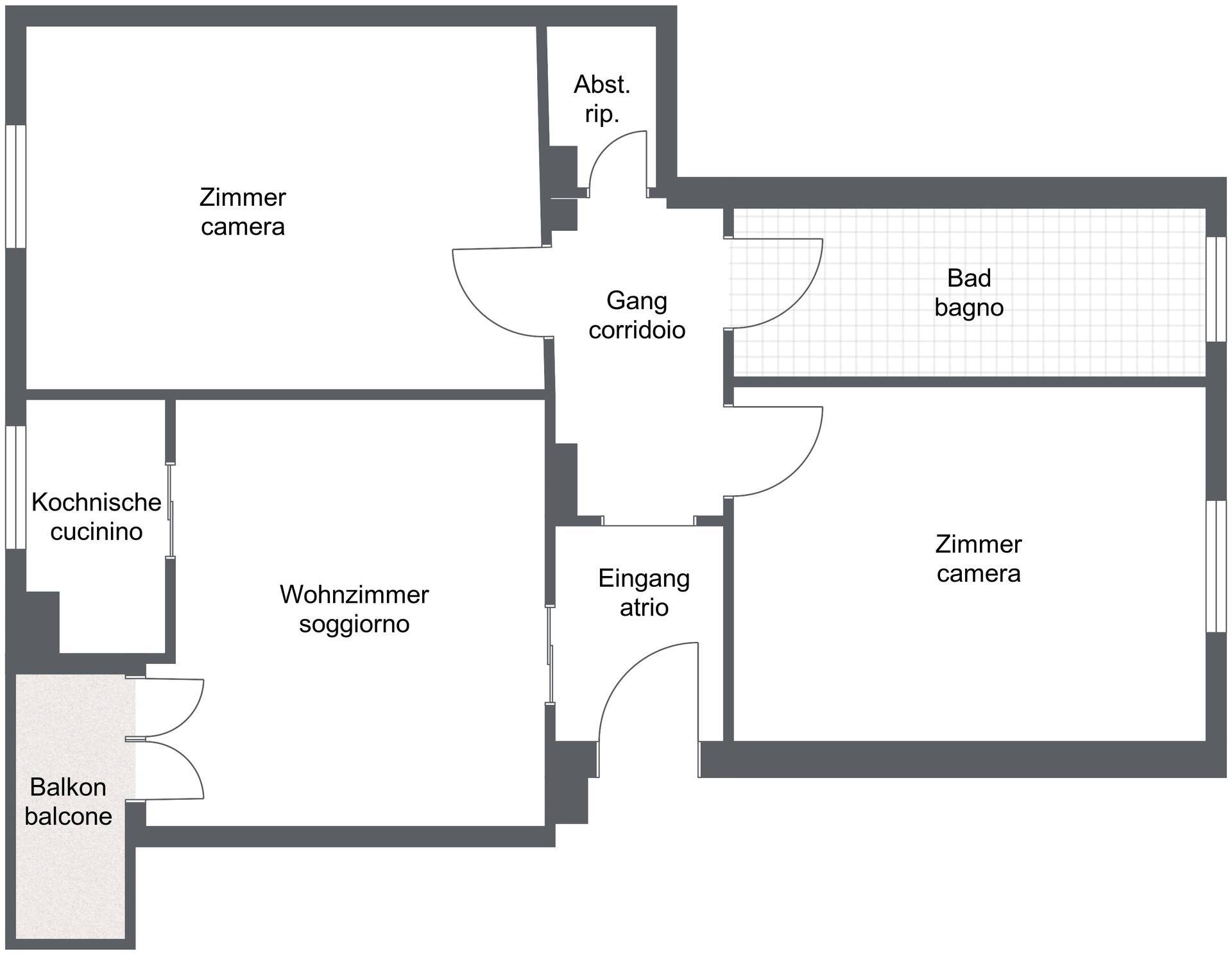 Grundriss einer Wohnung mit Wohnzimmer, Küche, zwei Zimmern und Balkon.