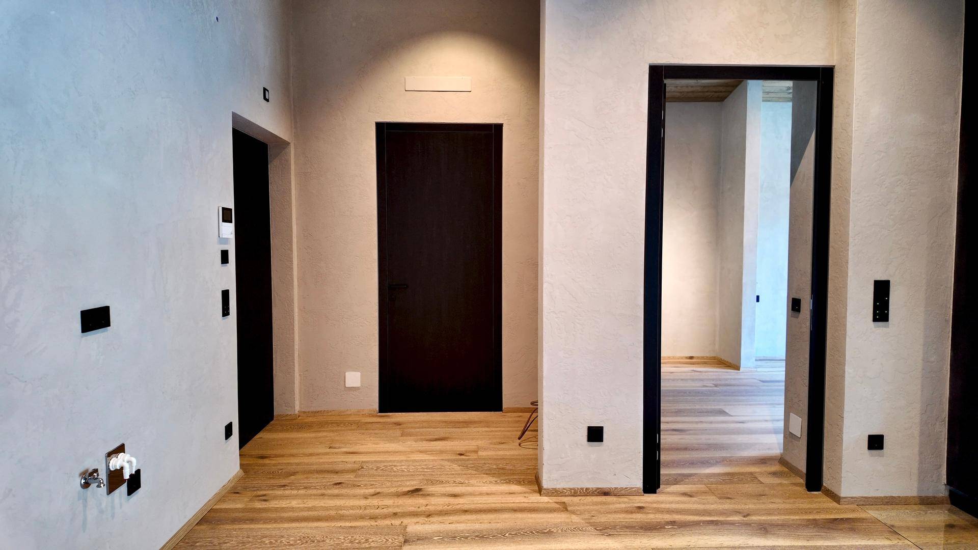 Heller Flur mit Holzboden und modernen dunklen Türen, die zu weiteren Räumen führen.
