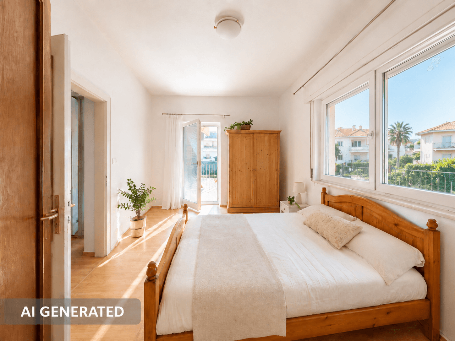 Helles Schlafzimmer mit Holzbett, Parkettboden und Zugang zu einem Balkon mit Blick ins Grüne.