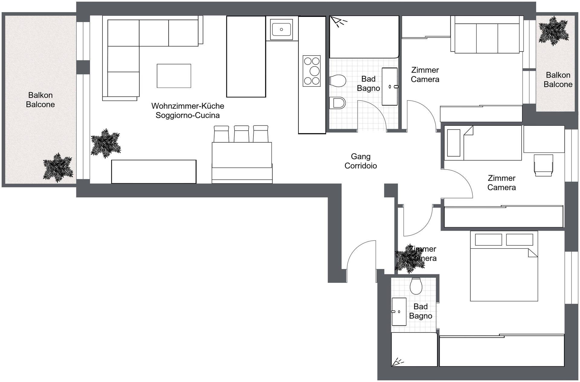 Grundriss der Wohnung mit drei Schlafzimmern, zwei Bädern und offenem Wohn-Küchenbereich.