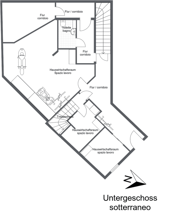 Grundriss des Untergeschosses mit Hauswirtschaftsräumen, Toilette und Treppenhaus.
