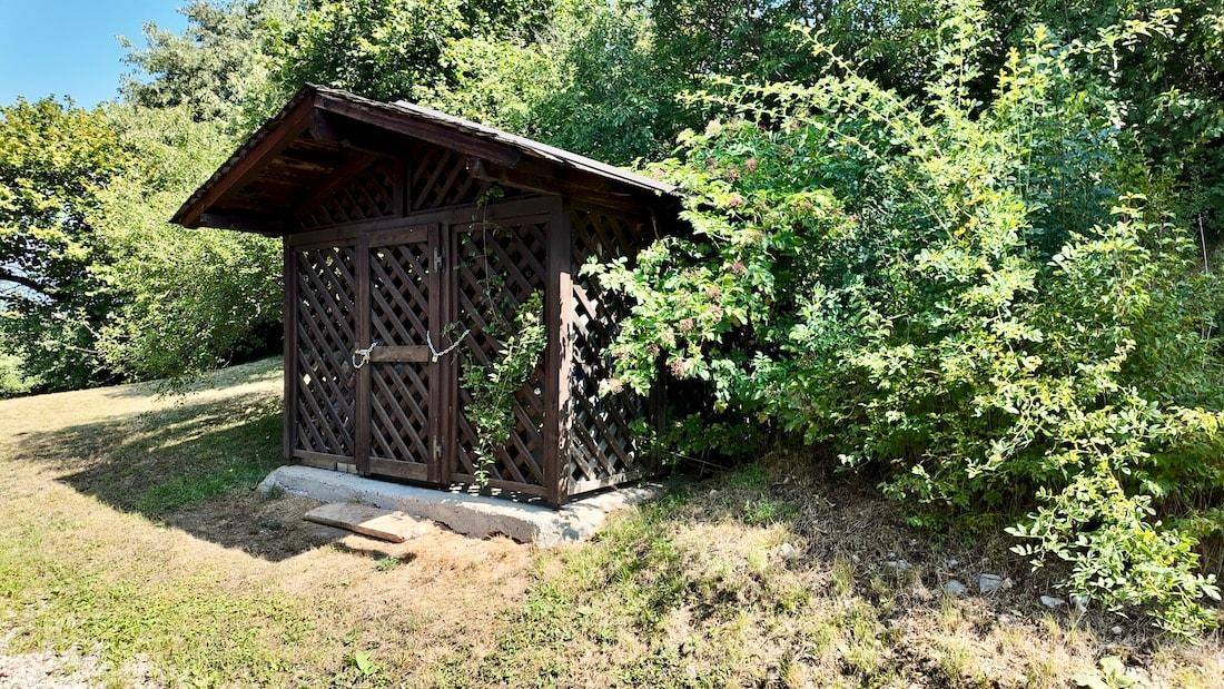 Rustikaler Holzschuppen in einer grünen, natürlichen Umgebung mit Bäumen und Sträuchern.