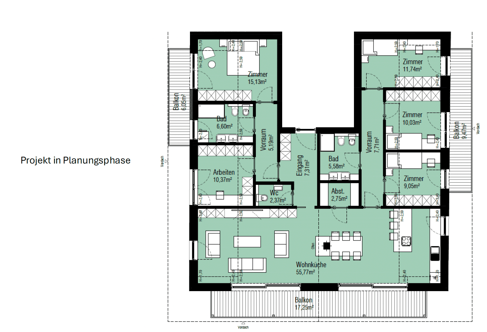 Grundrissplan eines Projekts in der Planungsphase mit mehreren Zimmern und Balkonen.