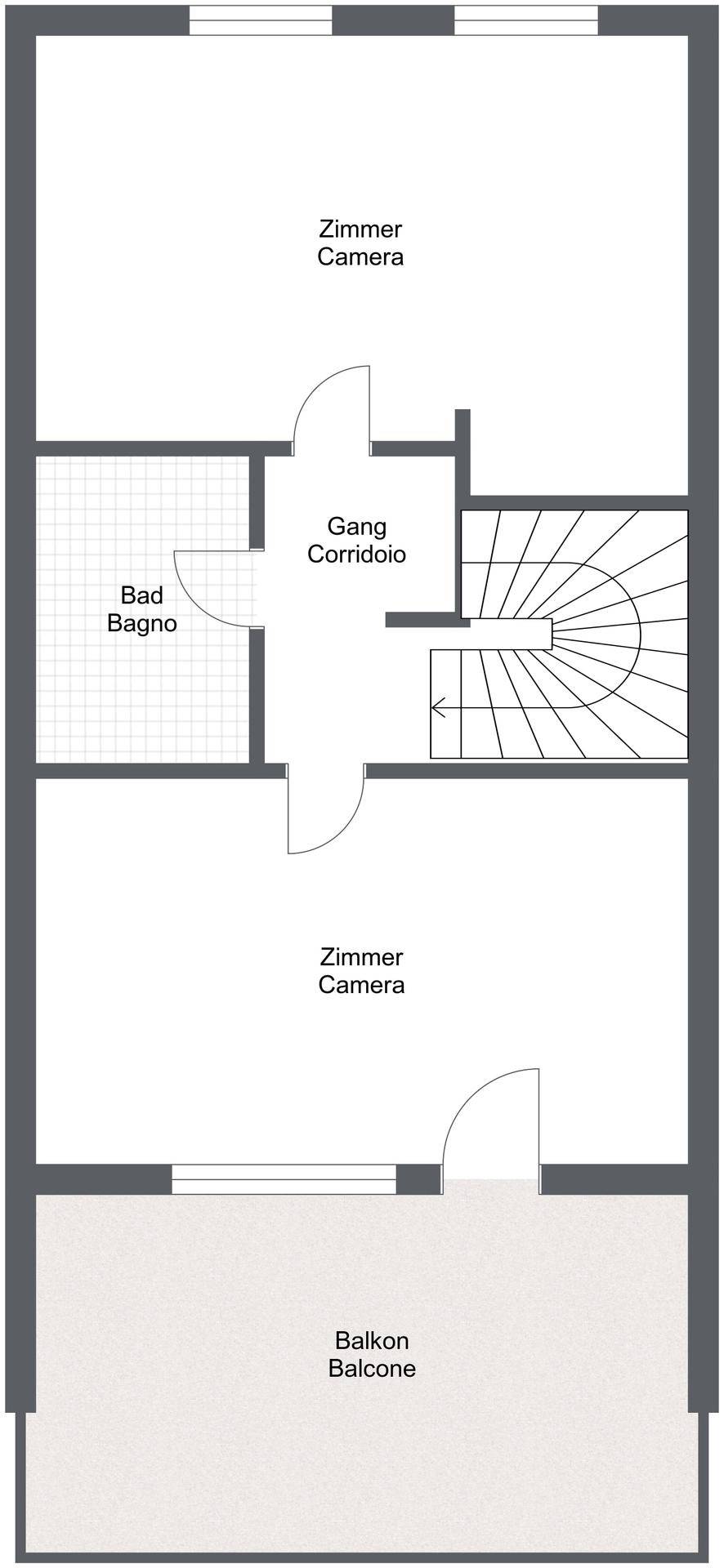 Grundriss des Obergeschosses mit zwei Zimmern, Bad und Balkon.