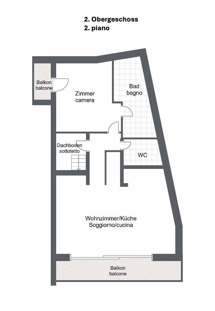 Grundriss des zweiten Obergeschosses mit Wohnzimmer, Küche, Bad, WC und zwei Balkonen.