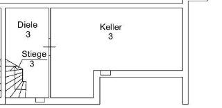 Grundriss des Kellergeschosses mit Diele, Stiege und einem großen Kellerraum für Lagerzwecke.