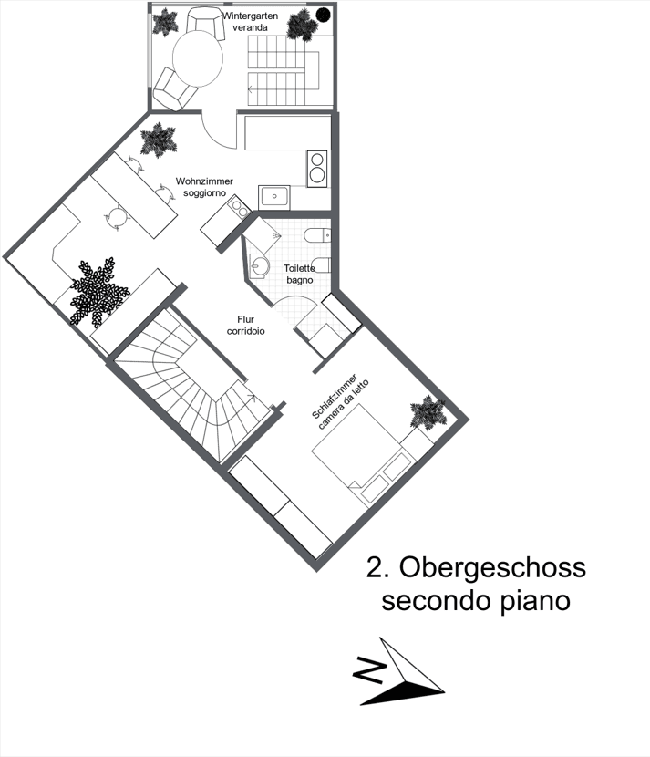 Grundriss des zweiten Obergeschosses mit Wohnzimmer, Schlafzimmer, Toilette und Wintergarten.